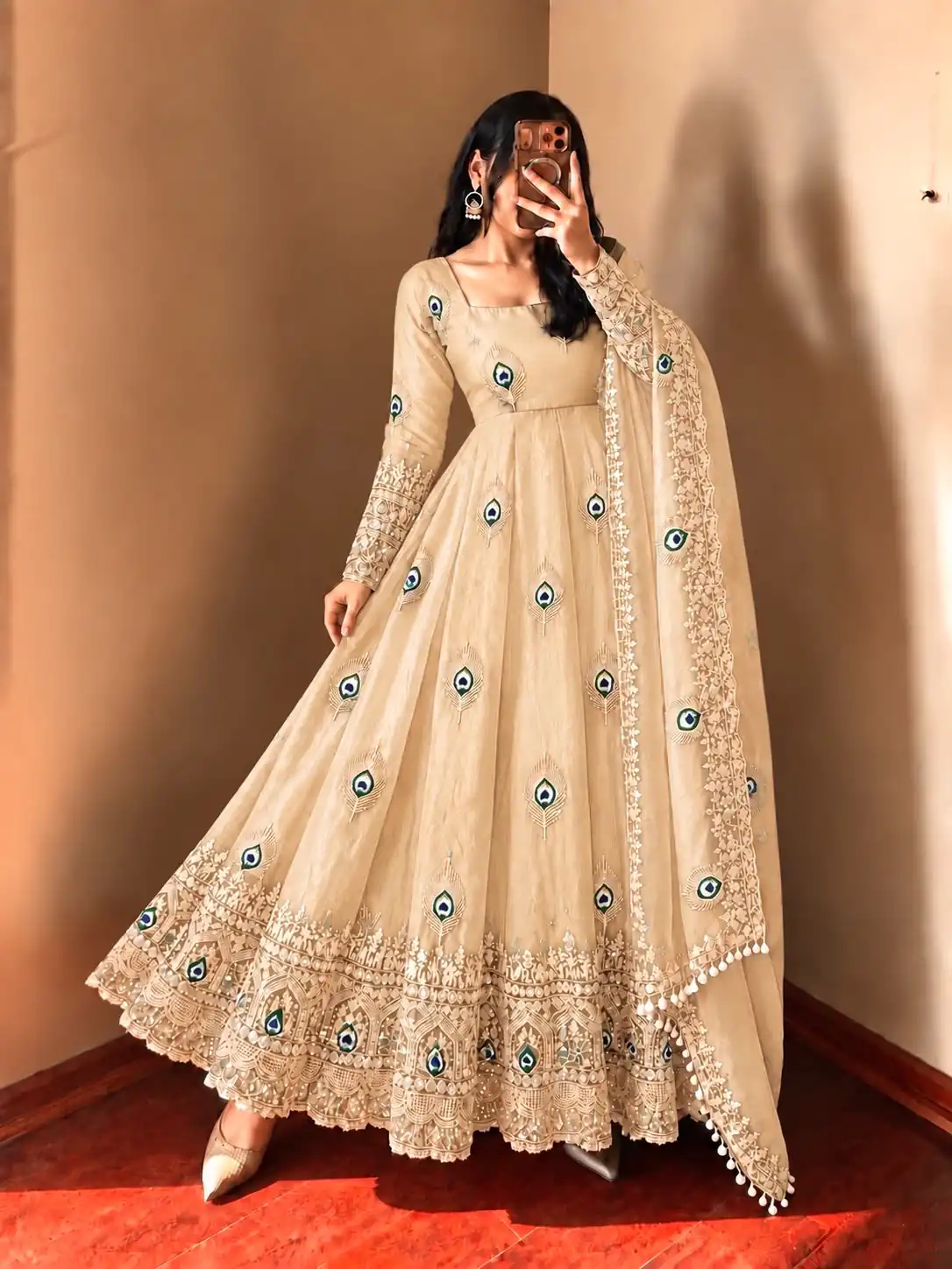Fancy Off White Fendy Silk Sequins Work Gown - Image 2