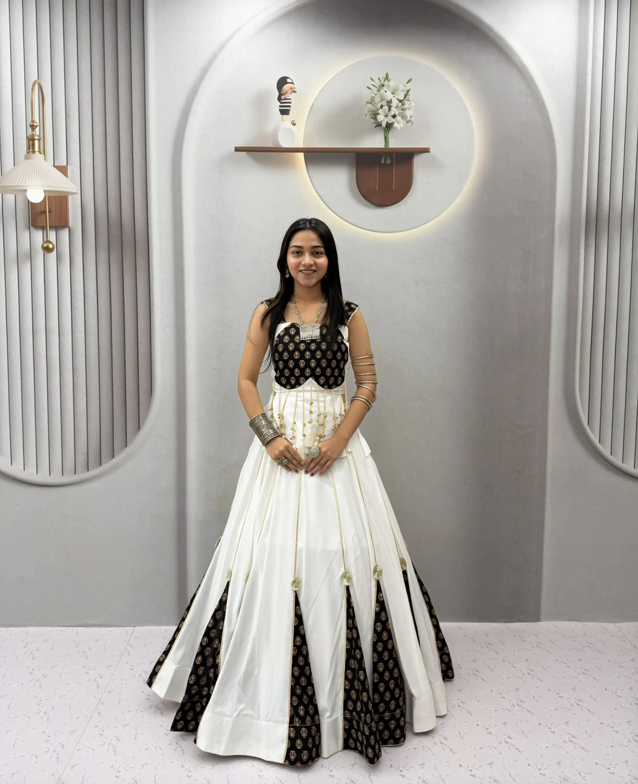 Fancy White Pure Cotton Ajarak Hand Work Lehenga Choli