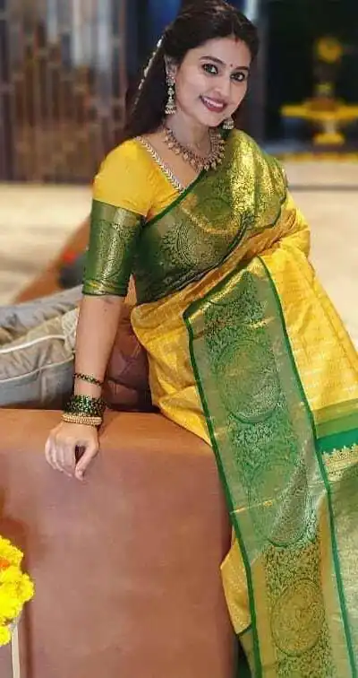 Fancy Yellow Soft Lichi Silk Lace Work Saree