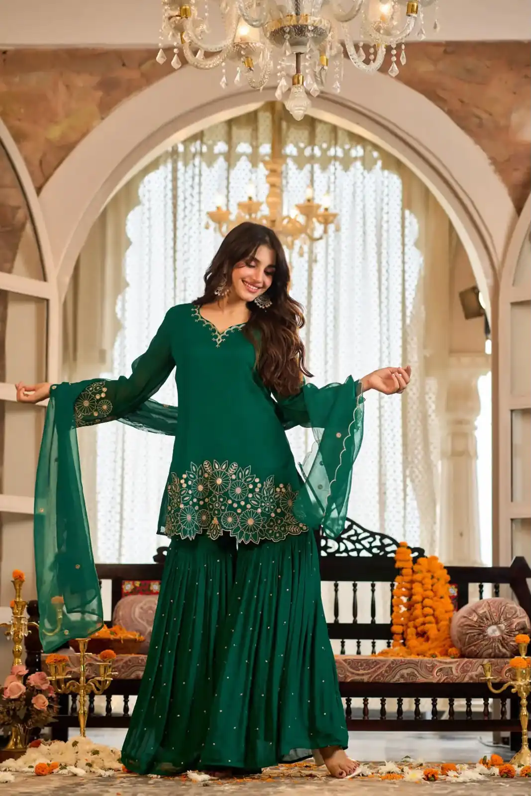 Glowing Green Chinon Silk Sequence Work Salwar Suit - Image 3