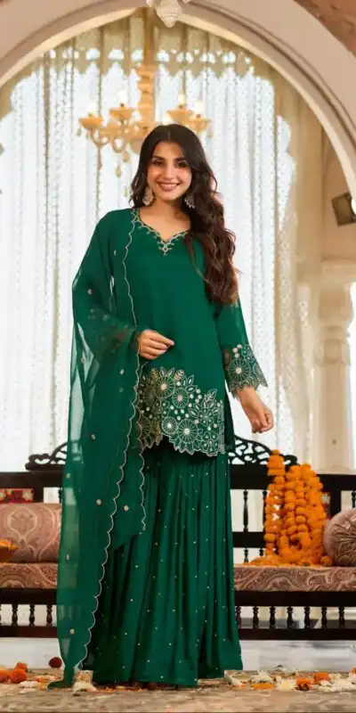 Alternative view of Glowing Green Chinon Silk Sequence Work Salwar Suit