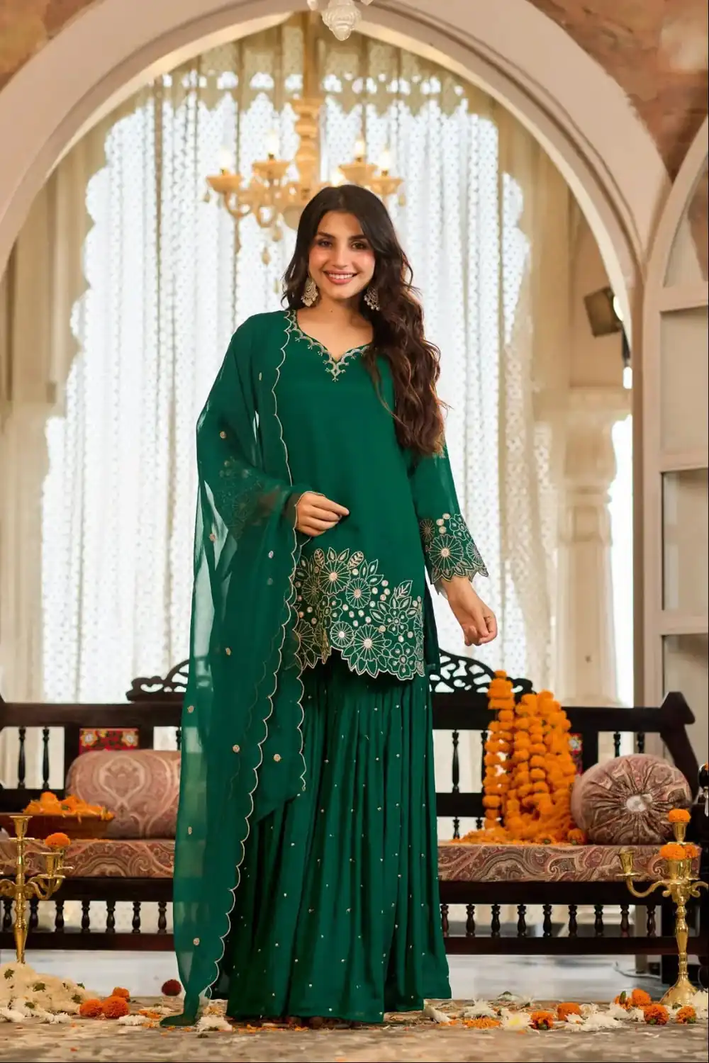 Glowing Green Chinon Silk Sequence Work Salwar Suit - Image 2