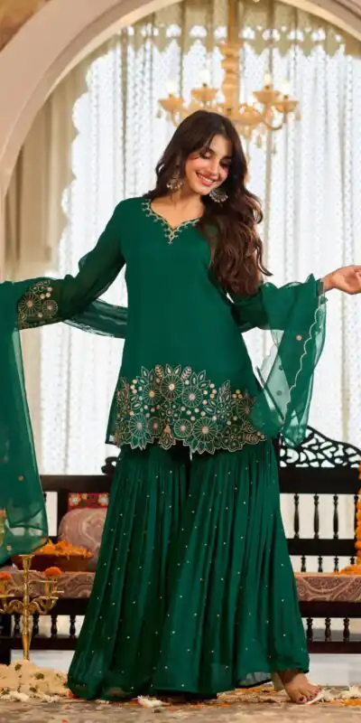 Glowing Green Chinon Silk Sequence Work Salwar Suit