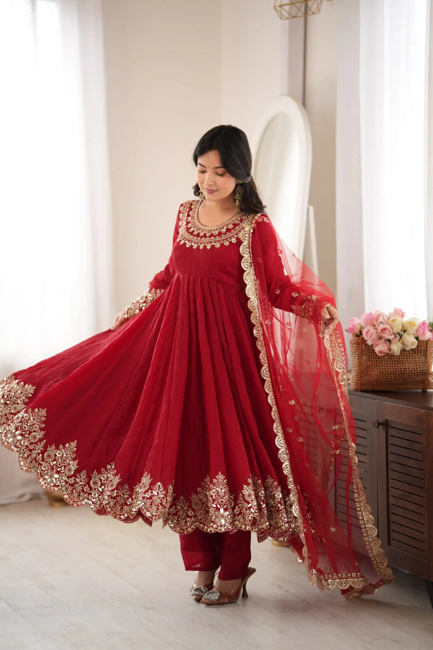 Glowing Maroon Doremon Crush Sequence Work Gown - Image 10