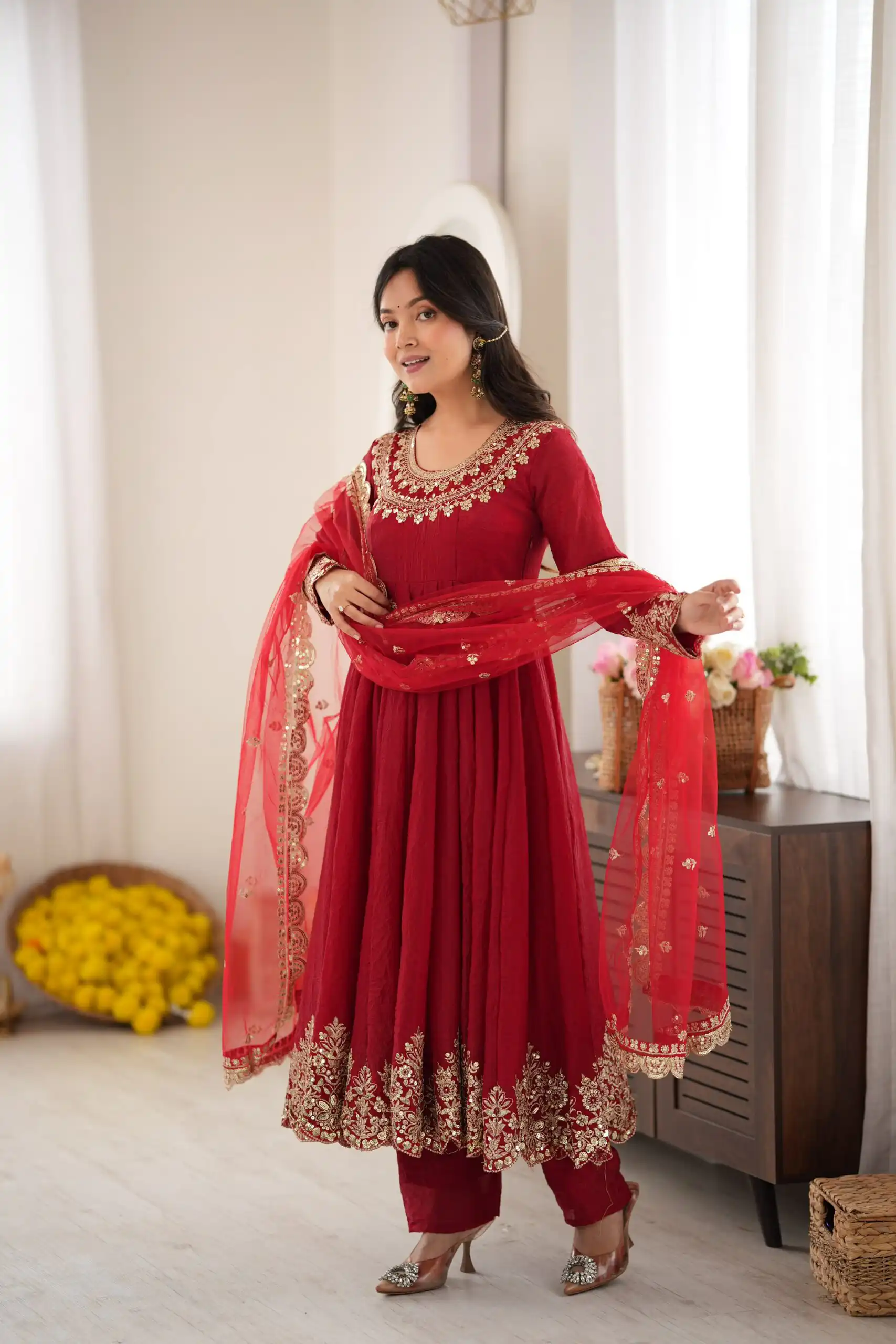 Glowing Maroon Doremon Crush Sequence Work Gown