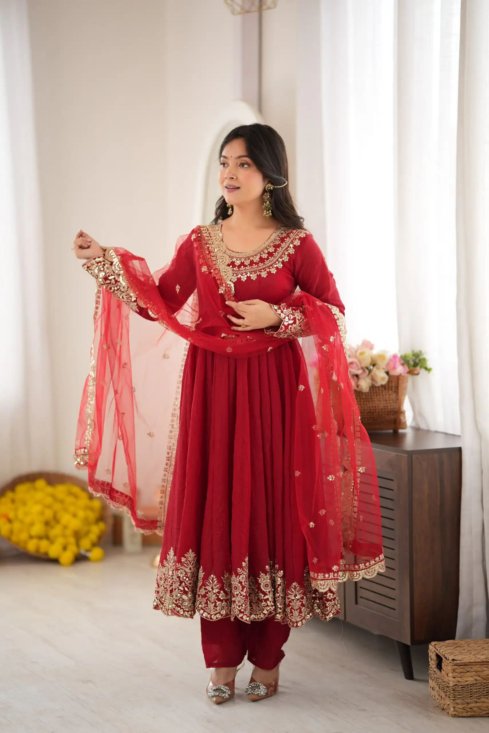 Glowing Maroon Doremon Crush Sequence Work Gown - Image 9