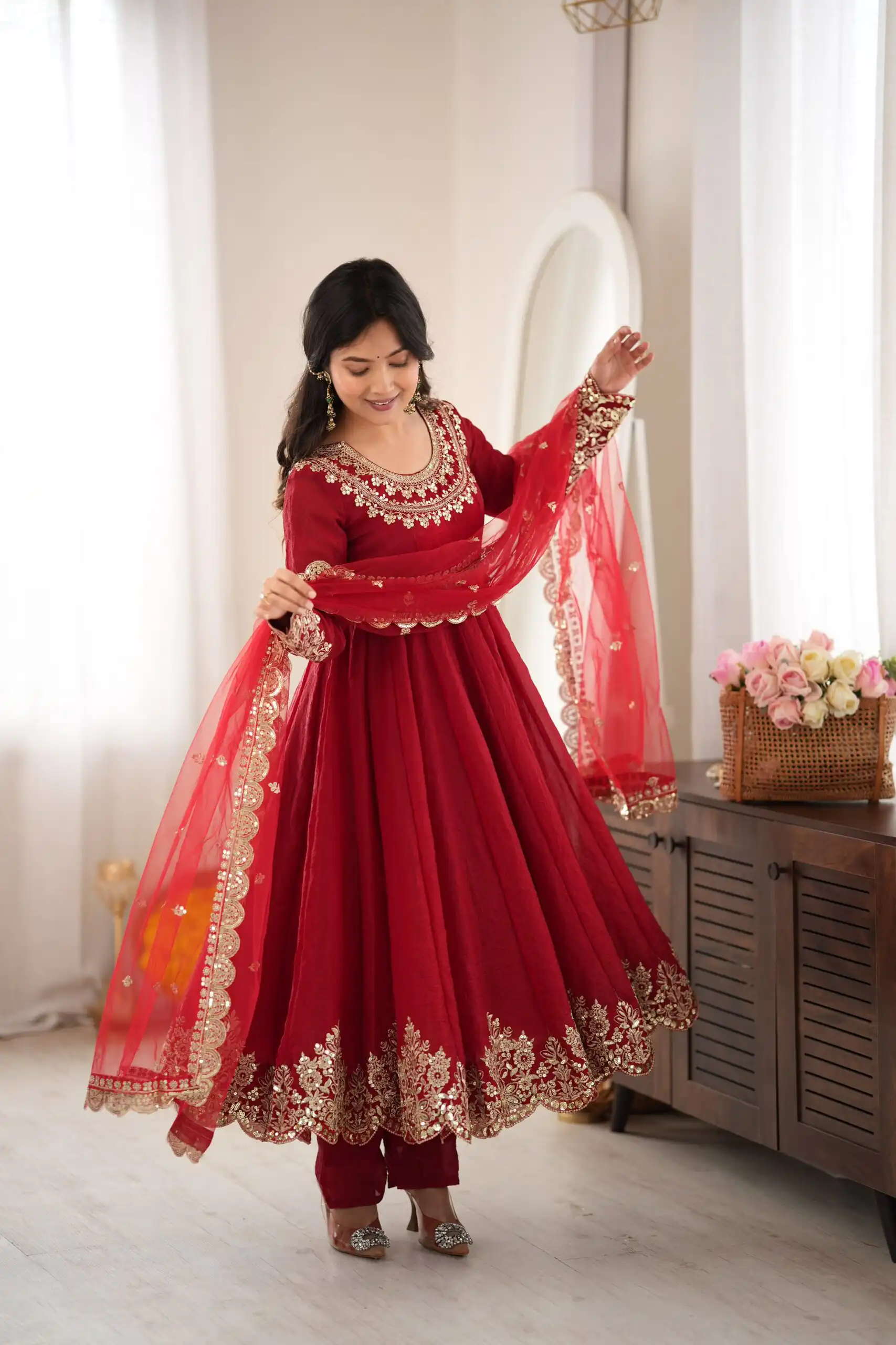 Glowing Maroon Doremon Crush Sequence Work Gown - Image 7
