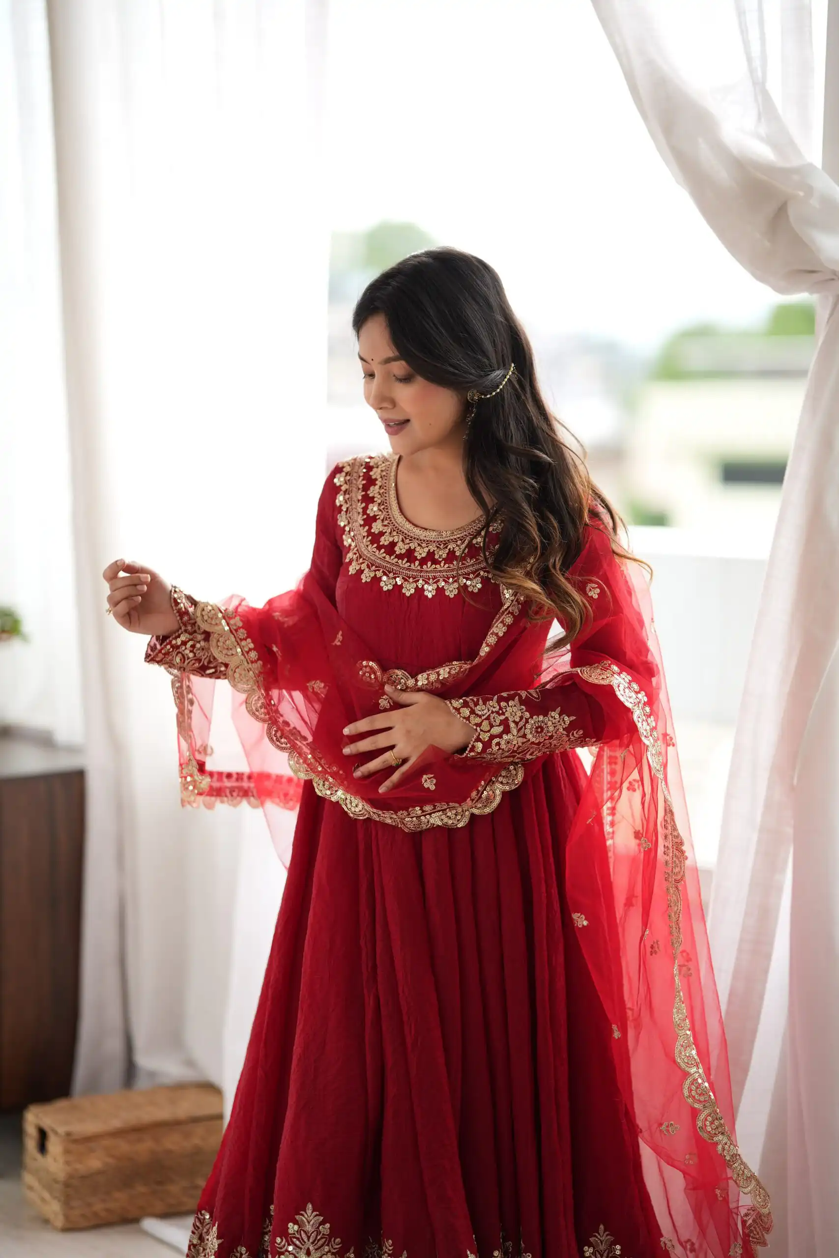 Glowing Maroon Doremon Crush Sequence Work Gown - Image 4
