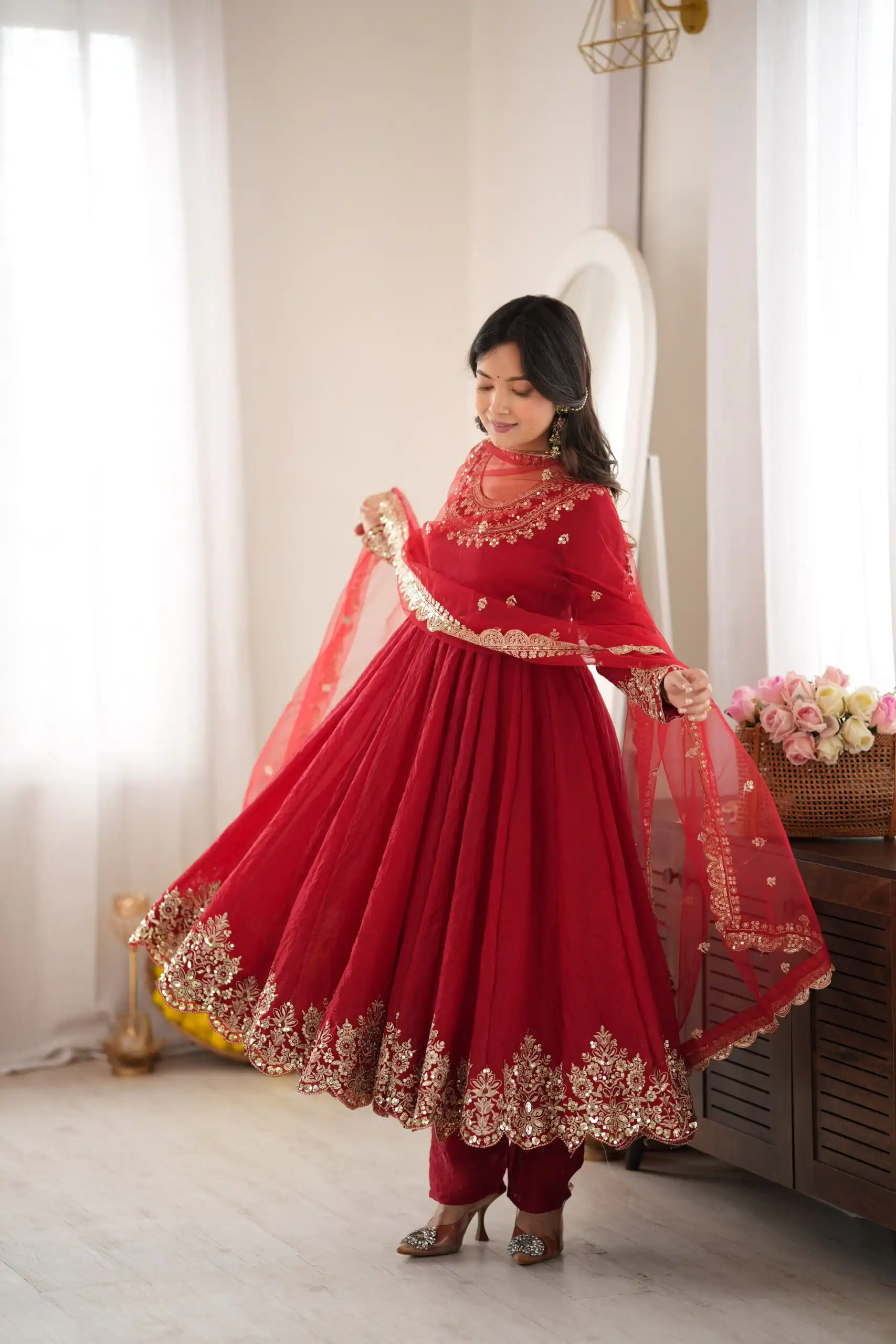 Glowing Maroon Doremon Crush Sequence Work Gown - Image 2