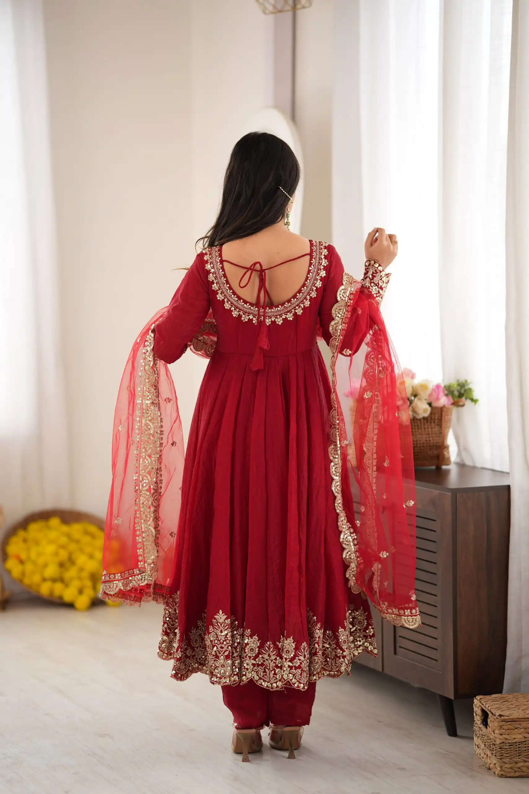 Glowing Maroon Doremon Crush Sequence Work Gown - Image 11