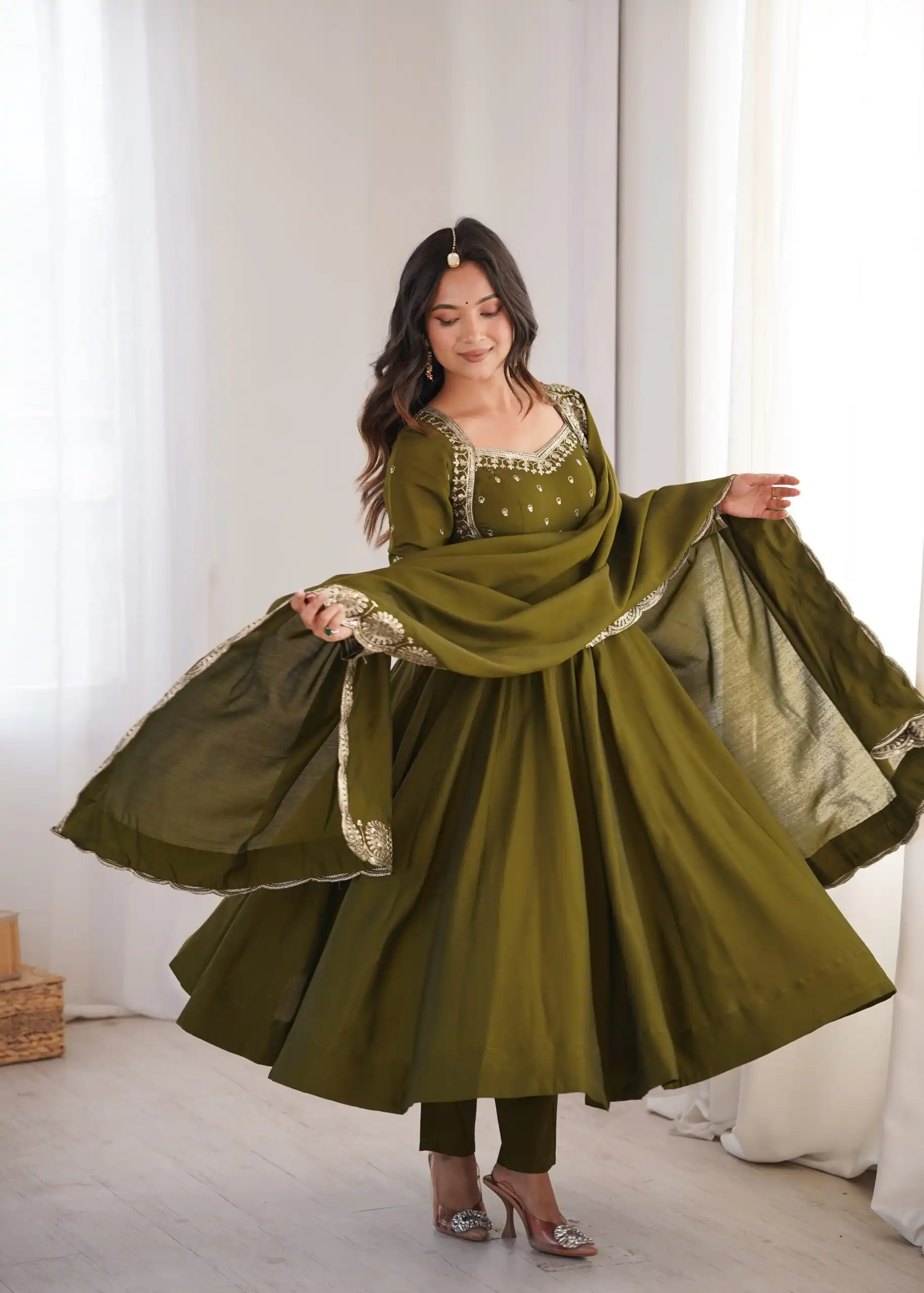Glowing Mehendi Roman Silk Embroidery Work Anarkali Suit - Image 6