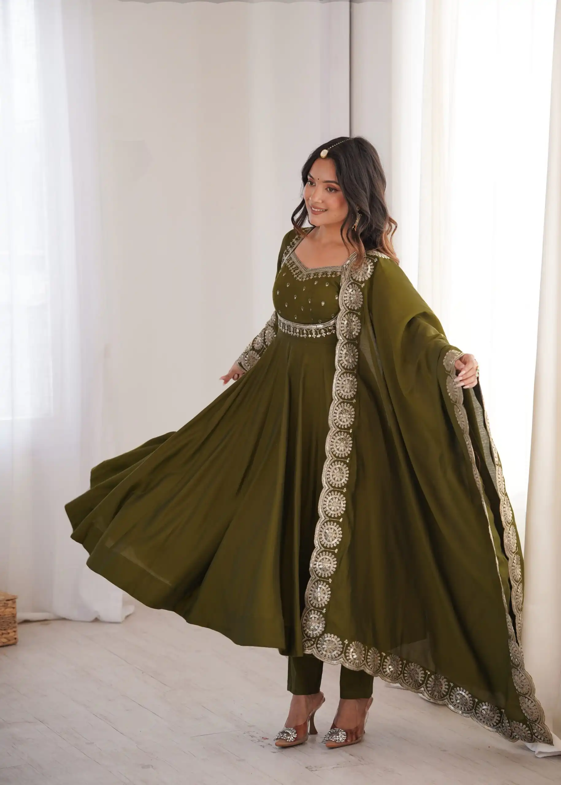 Glowing Mehendi Roman Silk Embroidery Work Anarkali Suit - Image 3