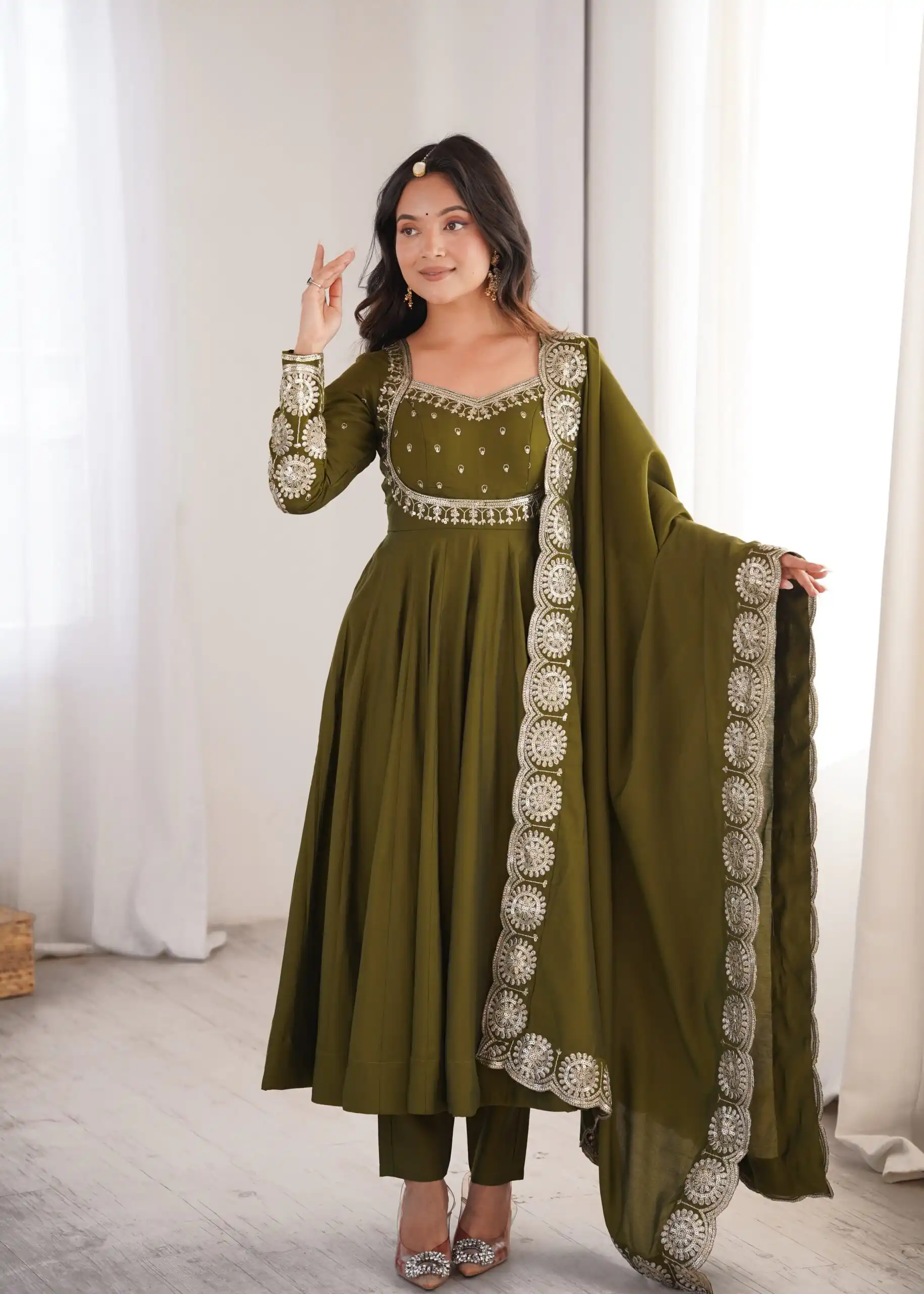 Glowing Mehendi Roman Silk Embroidery Work Anarkali Suit - Image 2