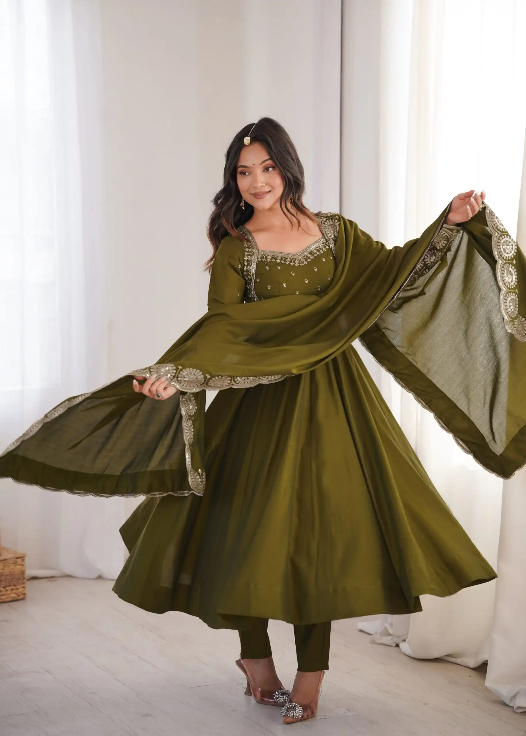 Glowing Mehendi Roman Silk Embroidery Work Anarkali Suit - Image 9