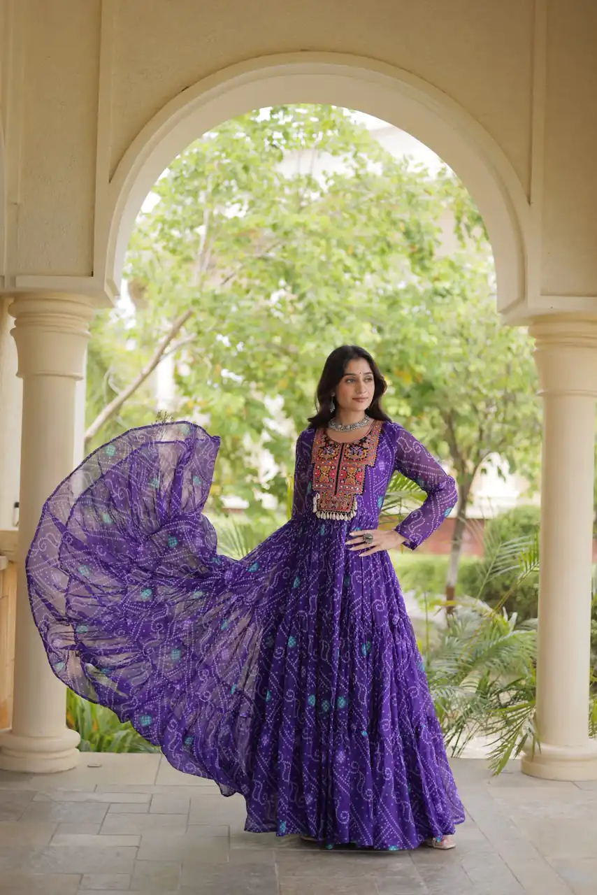 Glowing Purple Faux Georgette Bandhani Print Work Gown
