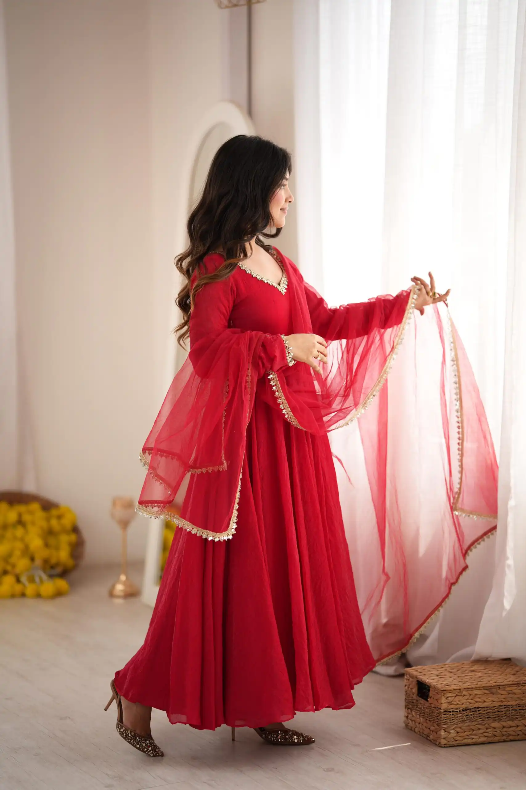 Glowing Red Doremon Crush Mirror Work Gown - Image 8