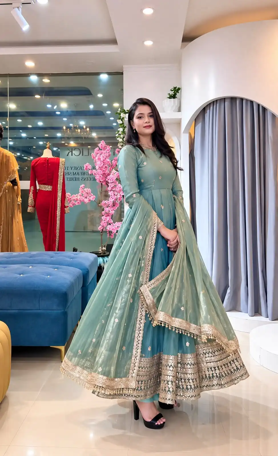 Glowing Teal Fendy Silk Sequins Work Gown - Image 2