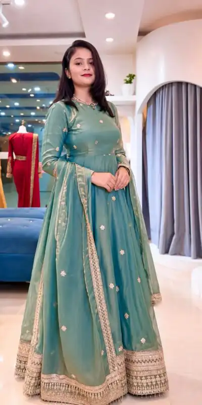 Glowing Teal Fendy Silk Sequins Work Gown