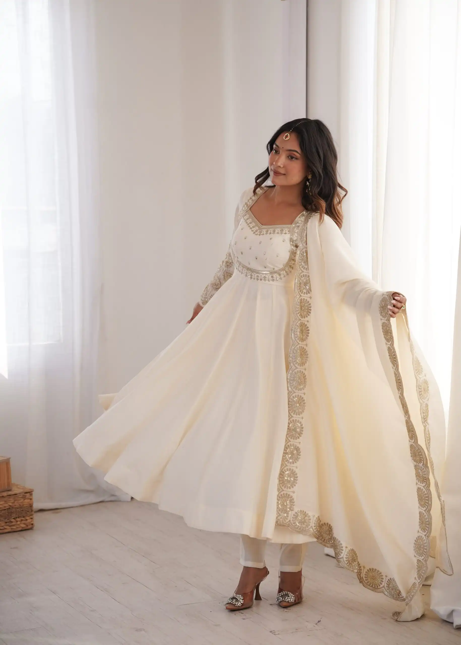 Glowing White Roman Silk Embroidery Work Anarkali Suit - Image 10