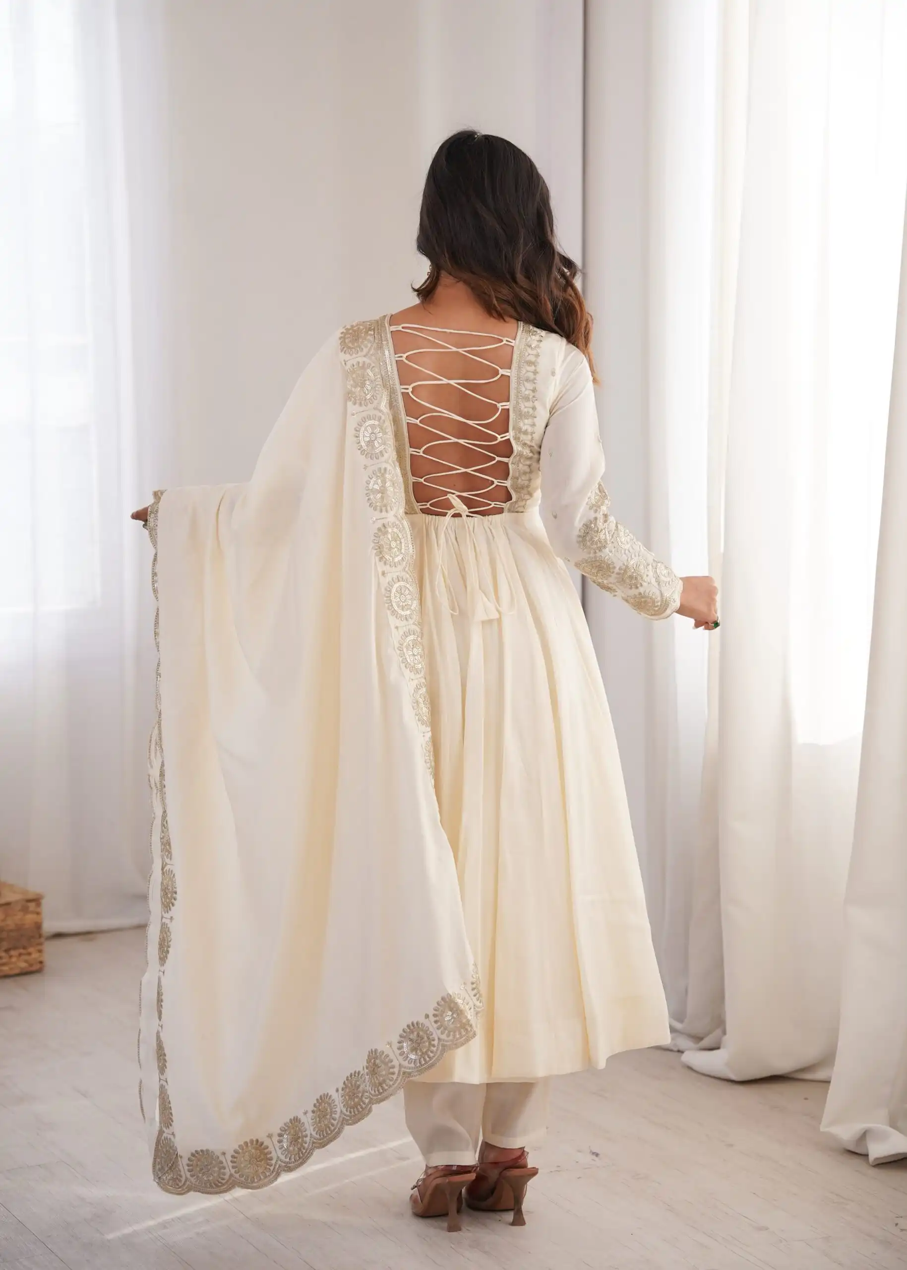 Glowing White Roman Silk Embroidery Work Anarkali Suit - Image 11