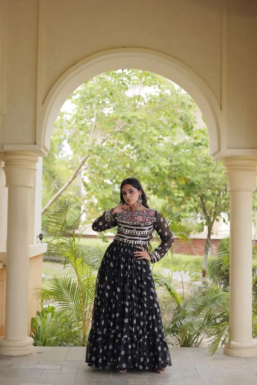 Great Black Faux Georgette Bandhani Kutchi Work Gown - Image 2