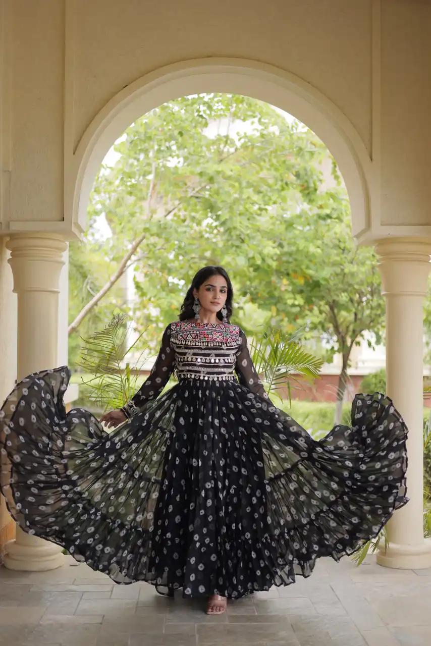 Great Black Faux Georgette Bandhani Kutchi Work Gown