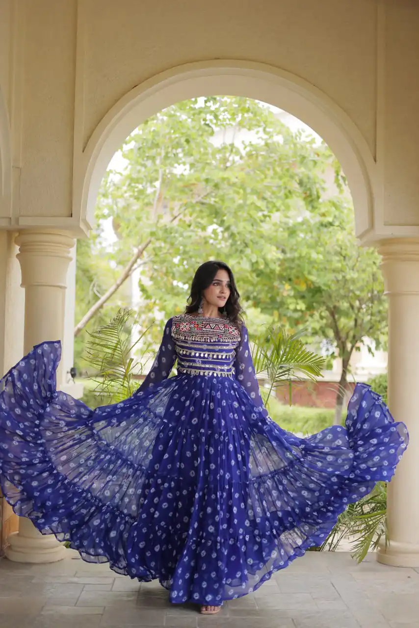 Great Blue Faux Georgette Bandhani Kutchi Work Gown - Image 3