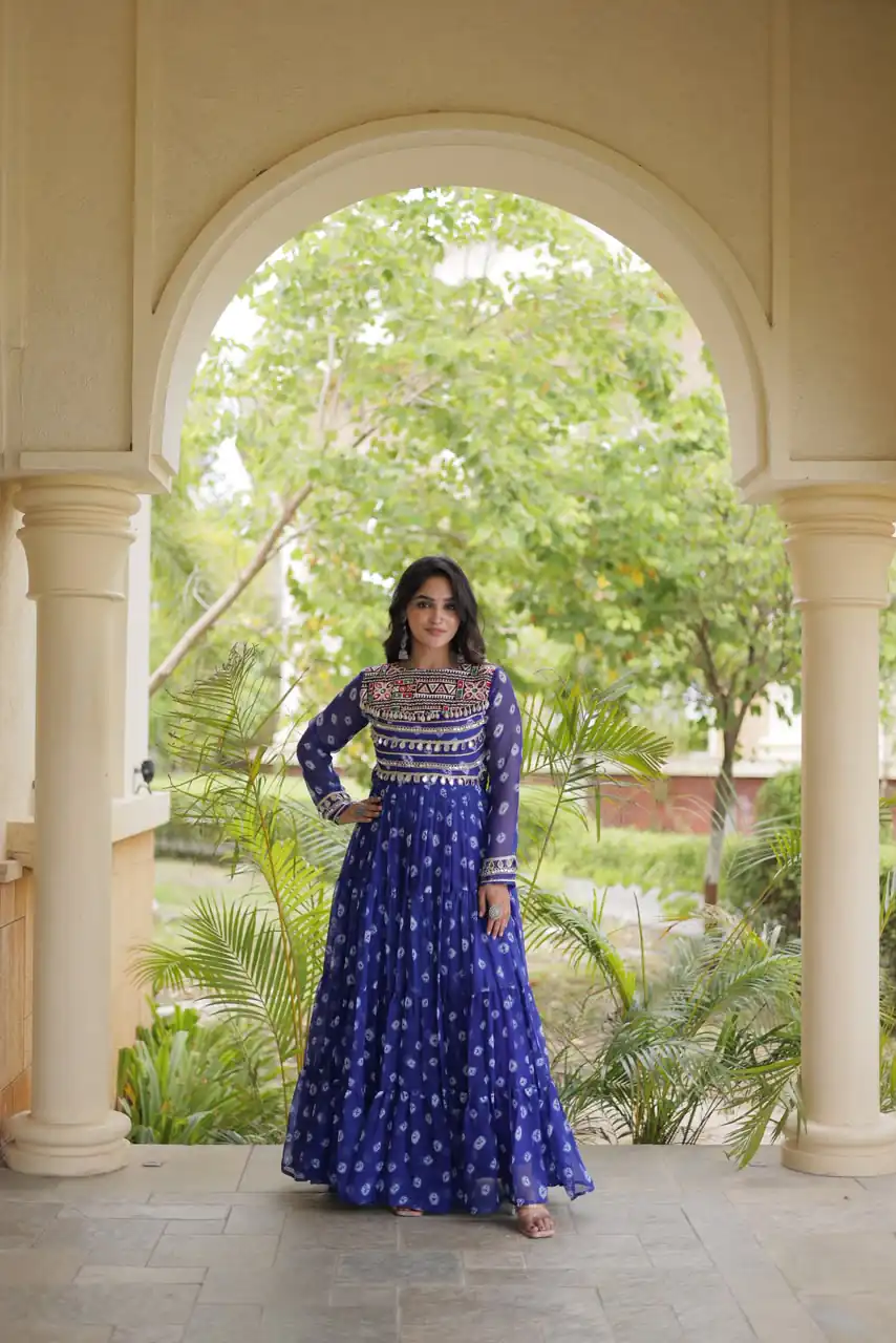Great Blue Faux Georgette Bandhani Kutchi Work Gown - Image 2