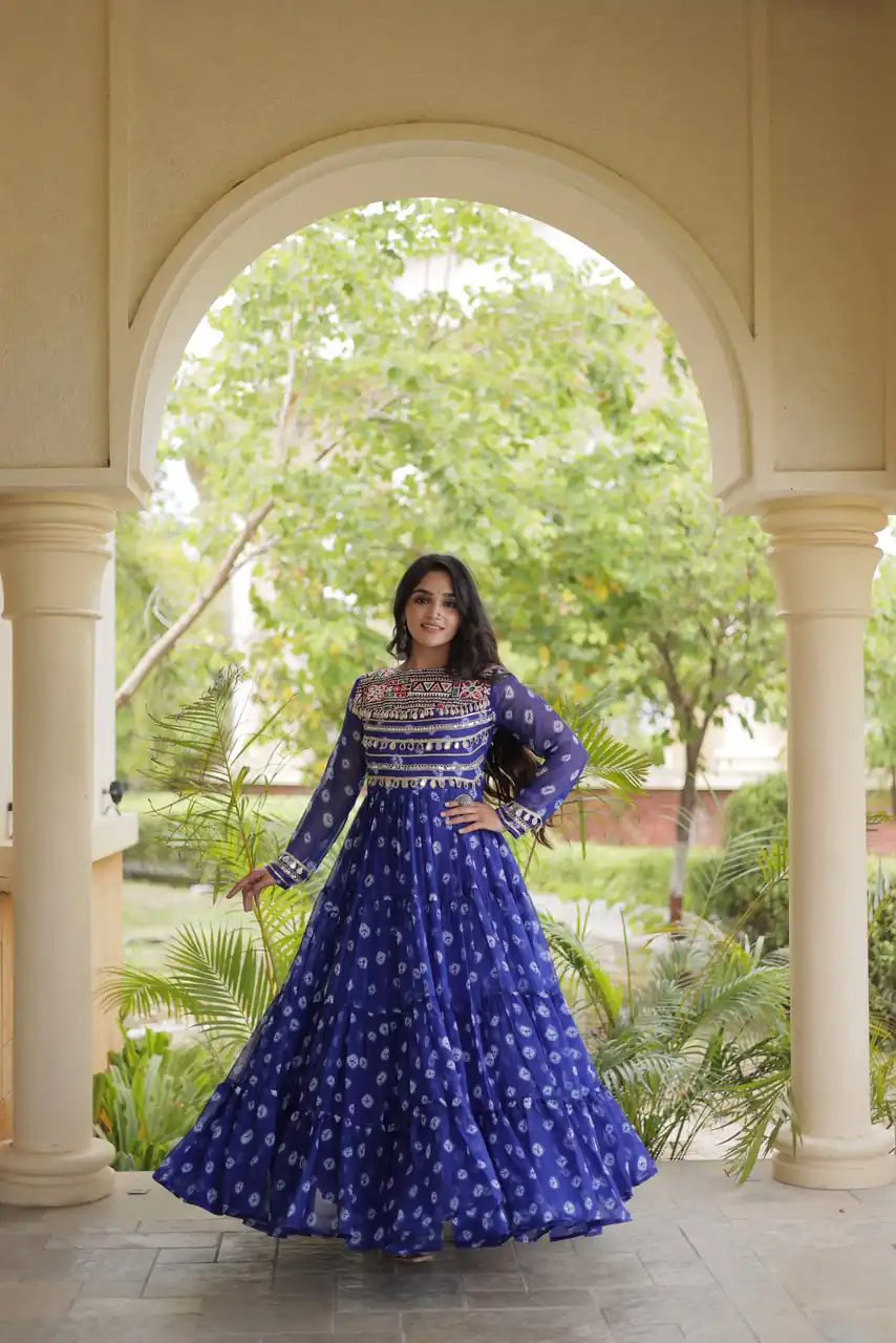 Great Blue Faux Georgette Bandhani Kutchi Work Gown