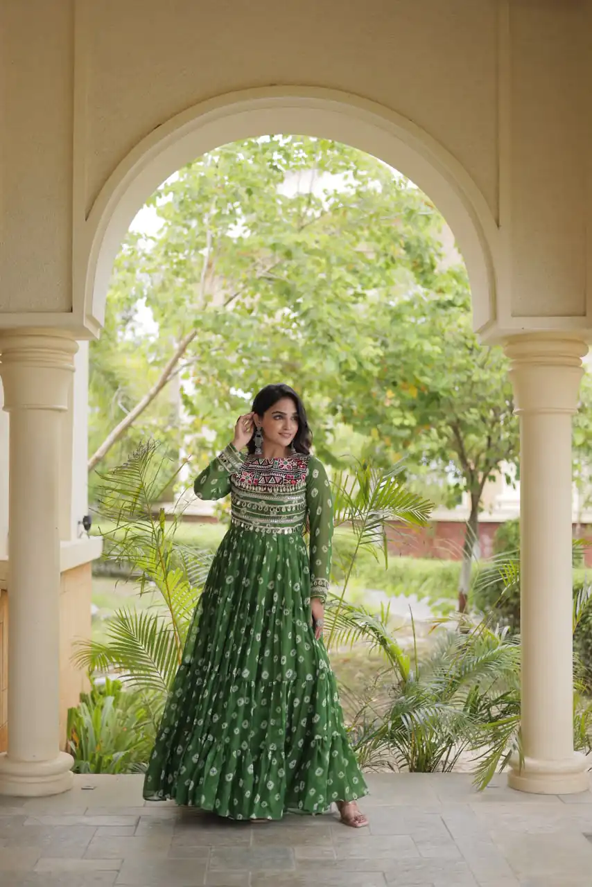 Great Green Faux Georgette Bandhani Kutchi Work Gown - Image 3