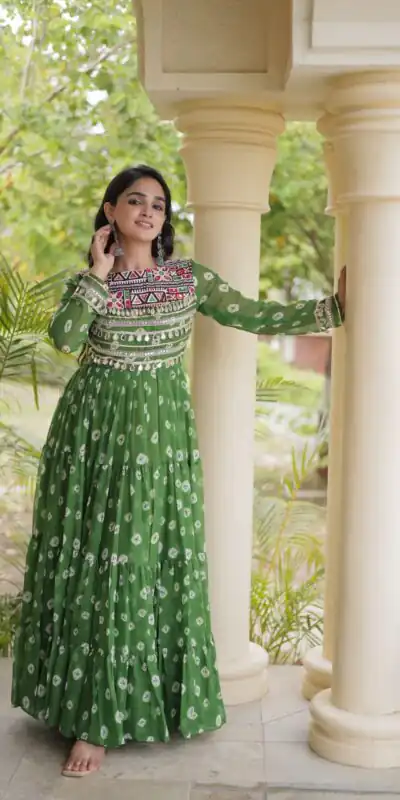 Alternative view of Great Green Faux Georgette Bandhani Kutchi Work Gown
