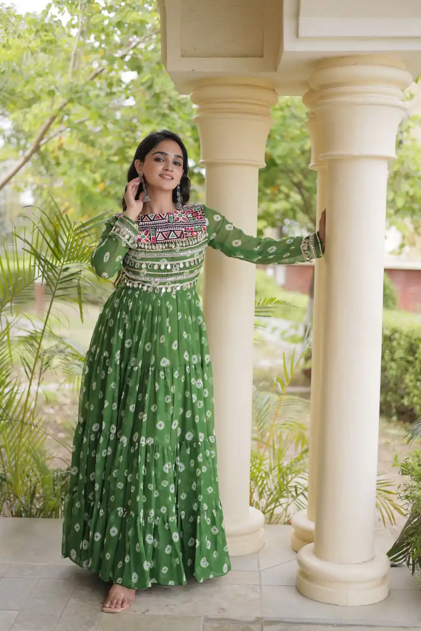 Great Green Faux Georgette Bandhani Kutchi Work Gown - Image 2