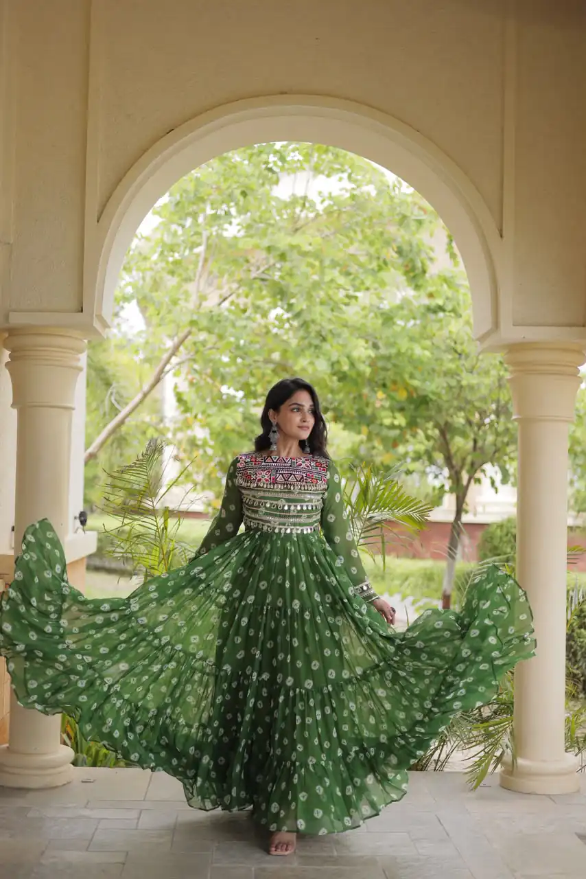 Great Green Faux Georgette Bandhani Kutchi Work Gown