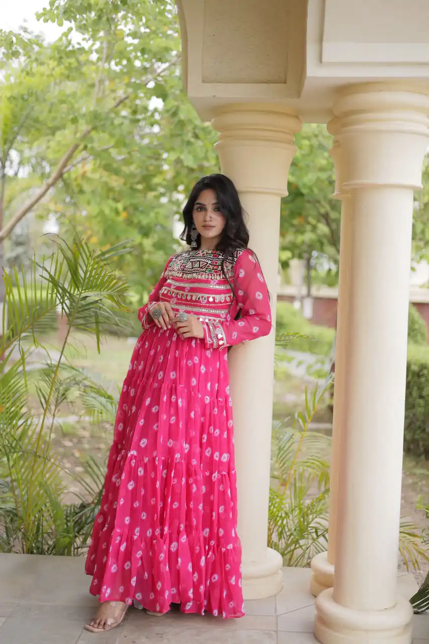 Great Pink Faux Georgette Bandhani Kutchi Work Gown - Image 3