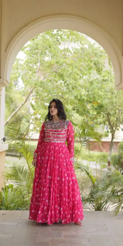 Alternative view of Great Pink Faux Georgette Bandhani Kutchi Work Gown