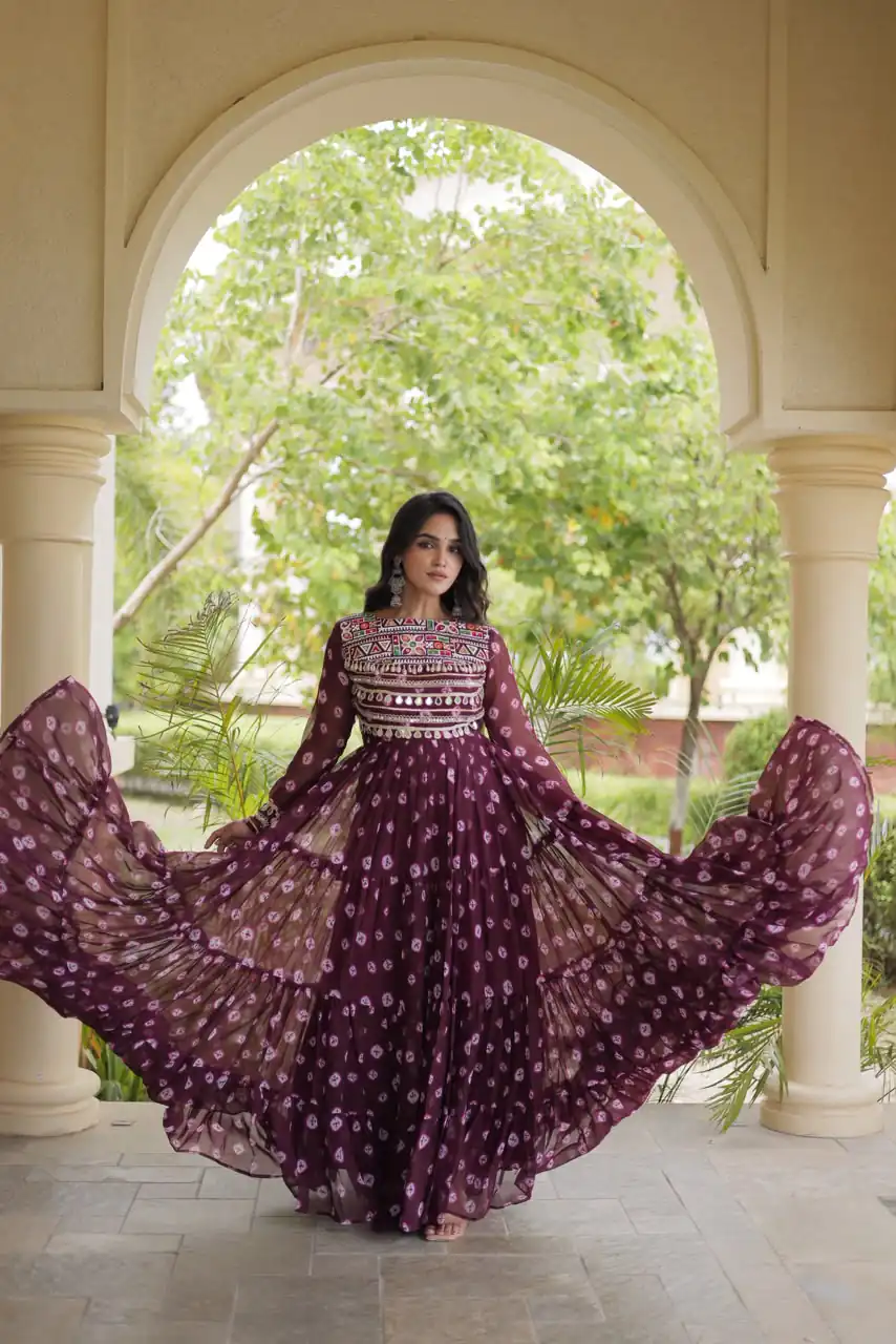 Great Wine Faux Georgette Bandhani Kutchi Work Gown