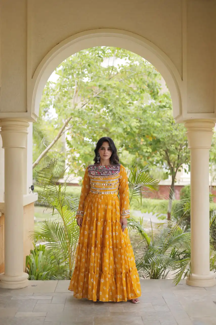 Great Yellow Faux Georgette Bandhani Kutchi Work Gown - Image 3