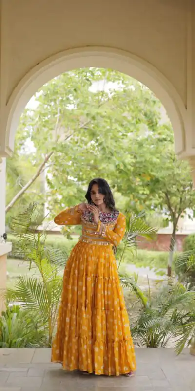 Alternative view of Great Yellow Faux Georgette Bandhani Kutchi Work Gown