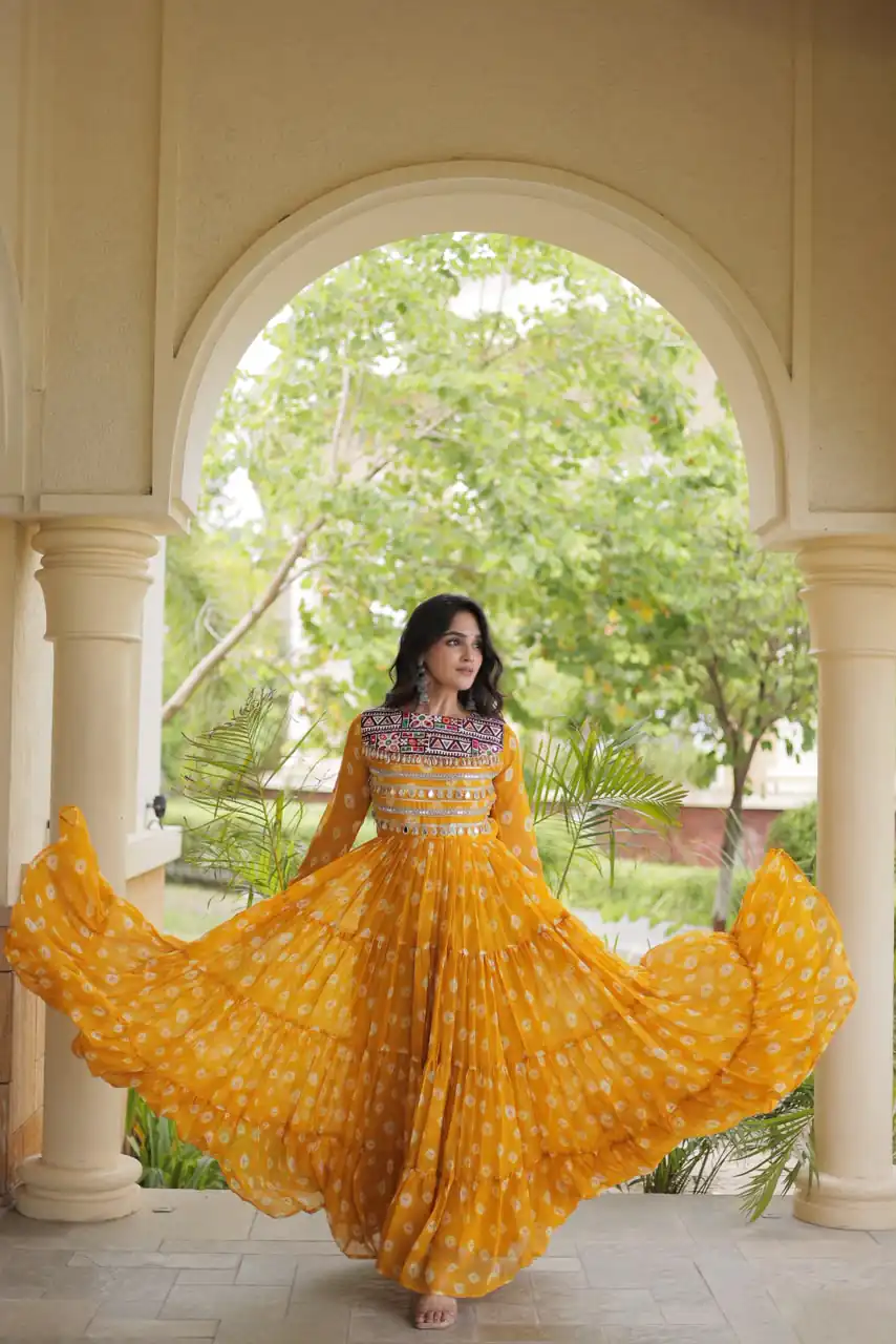Great Yellow Faux Georgette Bandhani Kutchi Work Gown