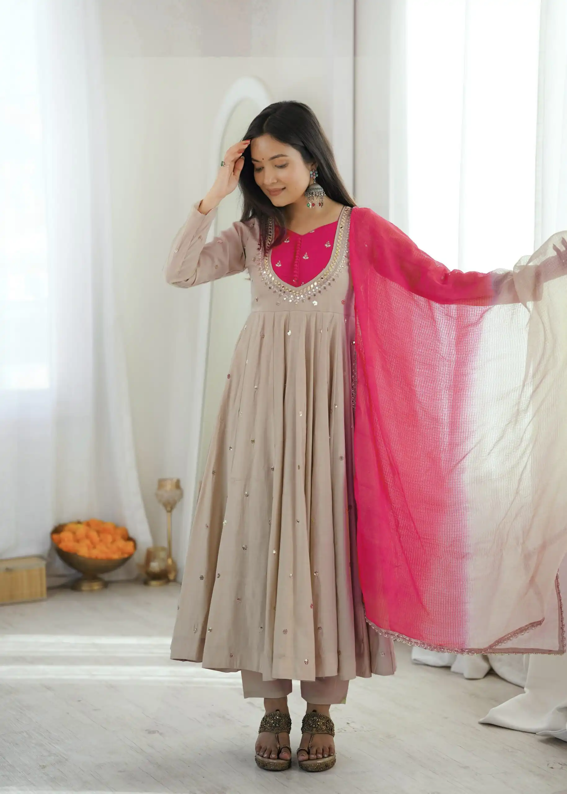 Lovely White Roman Silk Mirror Embroidery Work Gown - Image 6
