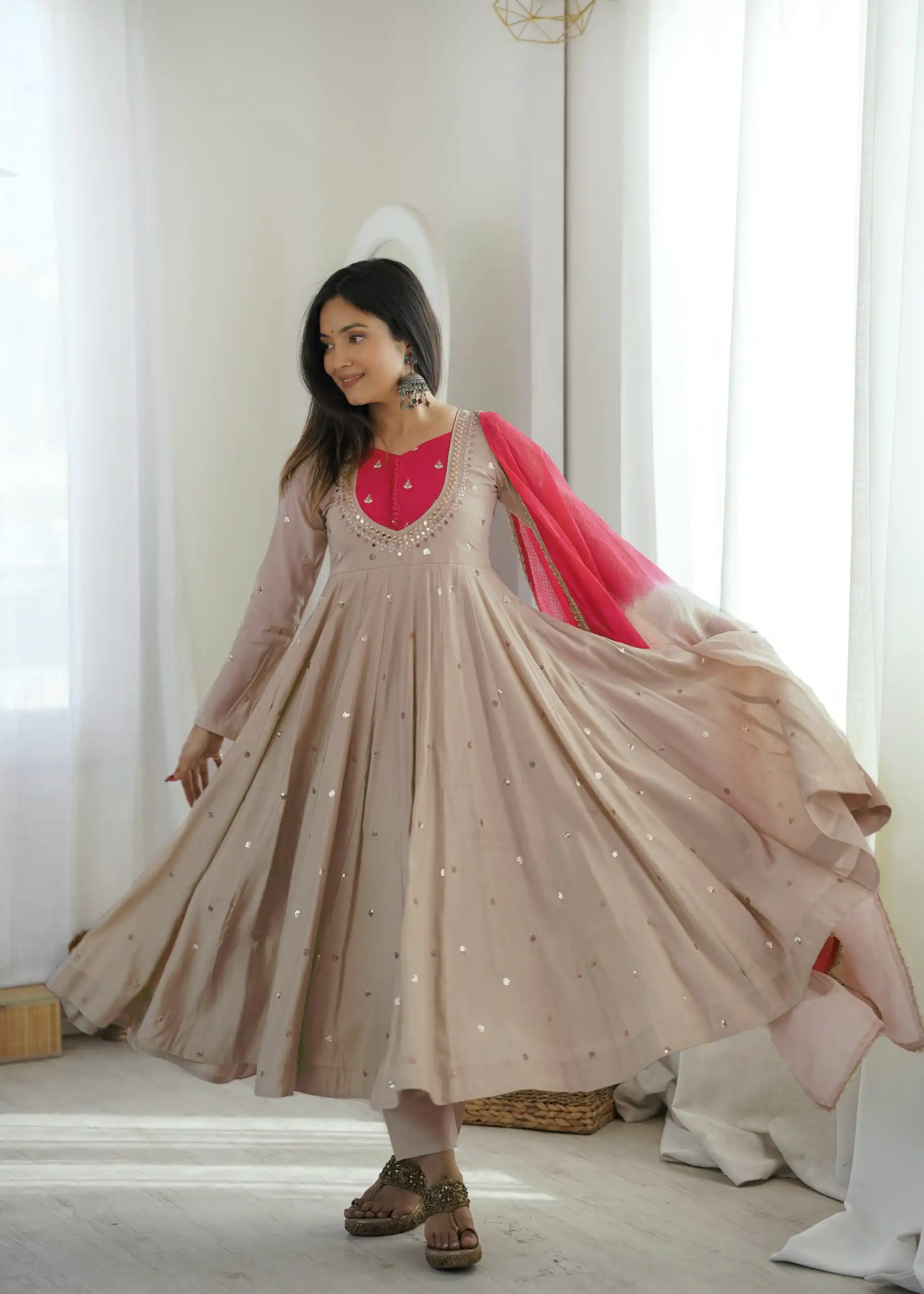 Lovely White Roman Silk Mirror Embroidery Work Gown - Image 5