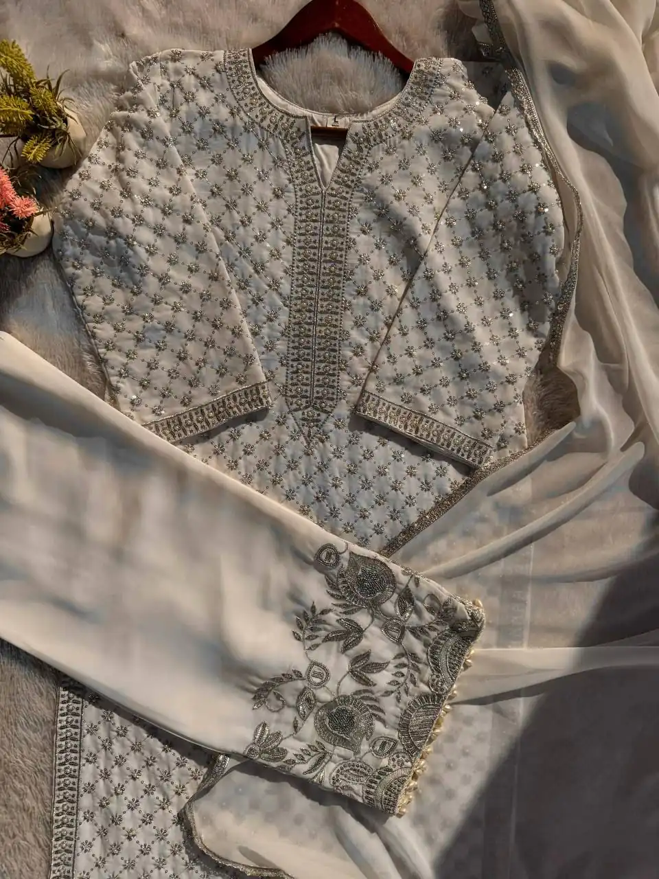 Magical Cream Faux Georgette Hand Work Salwar Suit - Image 5