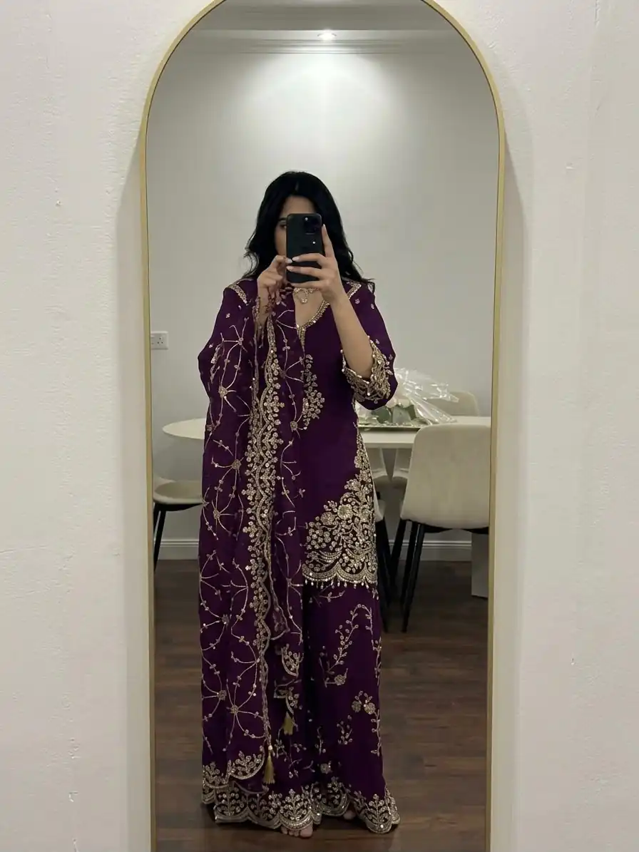 Magical Purple Faux Georgette Embroidery Work Salwar Suit - Image 7