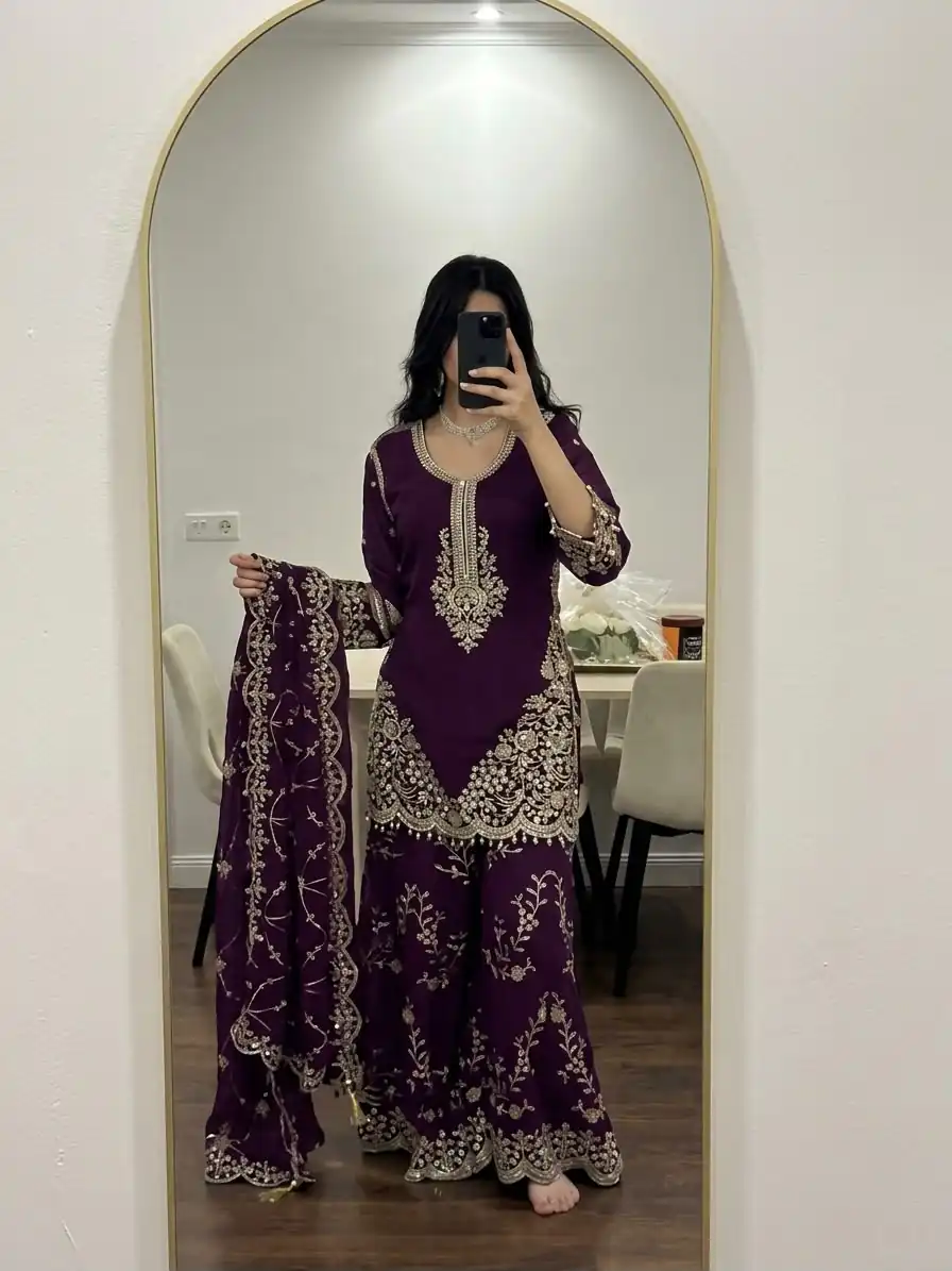 Magical Purple Faux Georgette Embroidery Work Salwar Suit - Image 6