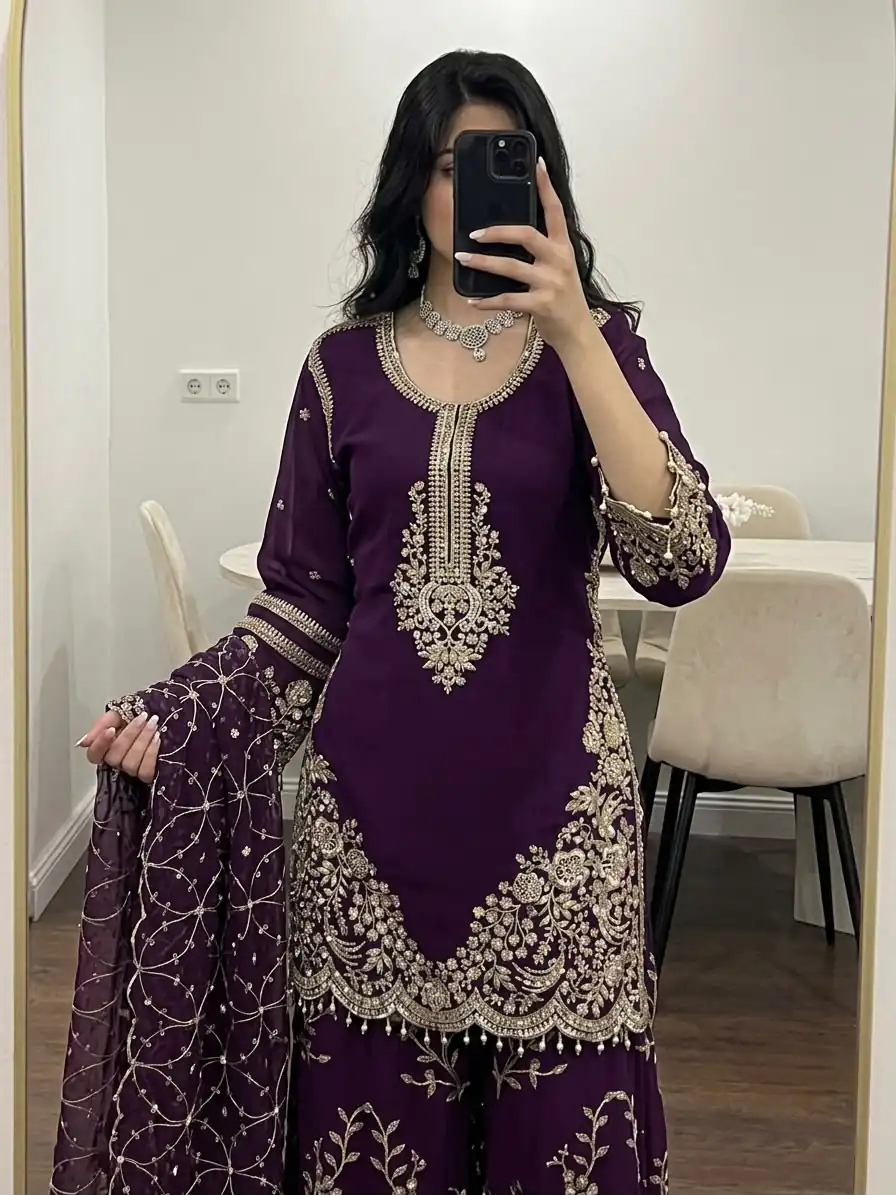 Magical Purple Faux Georgette Embroidery Work Salwar Suit - Image 5