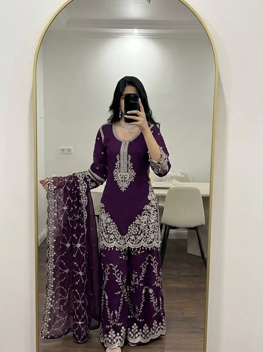 Magical Purple Faux Georgette Embroidery Work Salwar Suit - Image 4