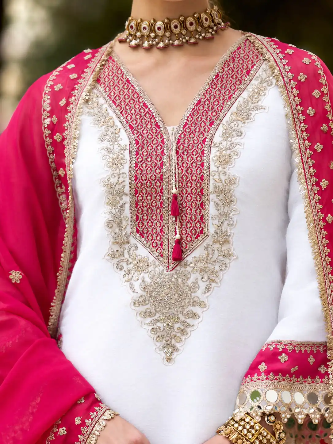 Magical White Chinon Silk Real Mirror Work Salwar Suit - Image 10