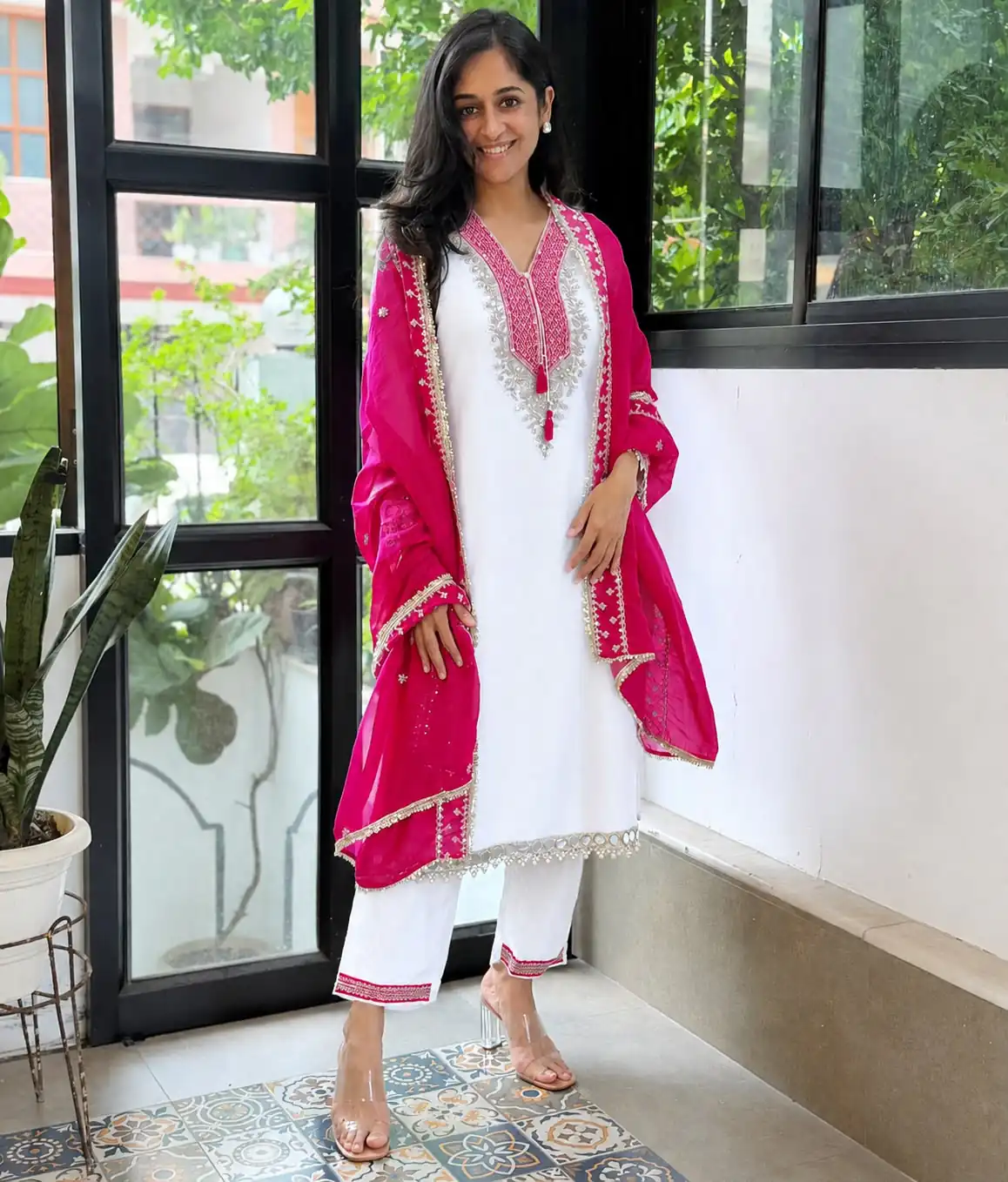Magical White Chinon Silk Real Mirror Work Salwar Suit - Image 5