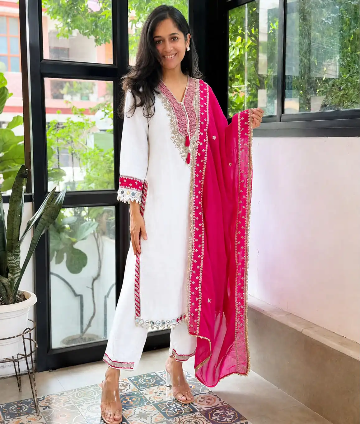 Magical White Chinon Silk Real Mirror Work Salwar Suit - Image 4
