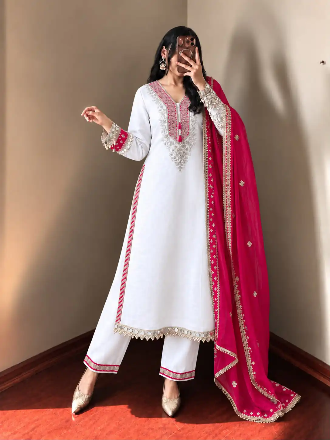 Magical White Chinon Silk Real Mirror Work Salwar Suit - Image 2